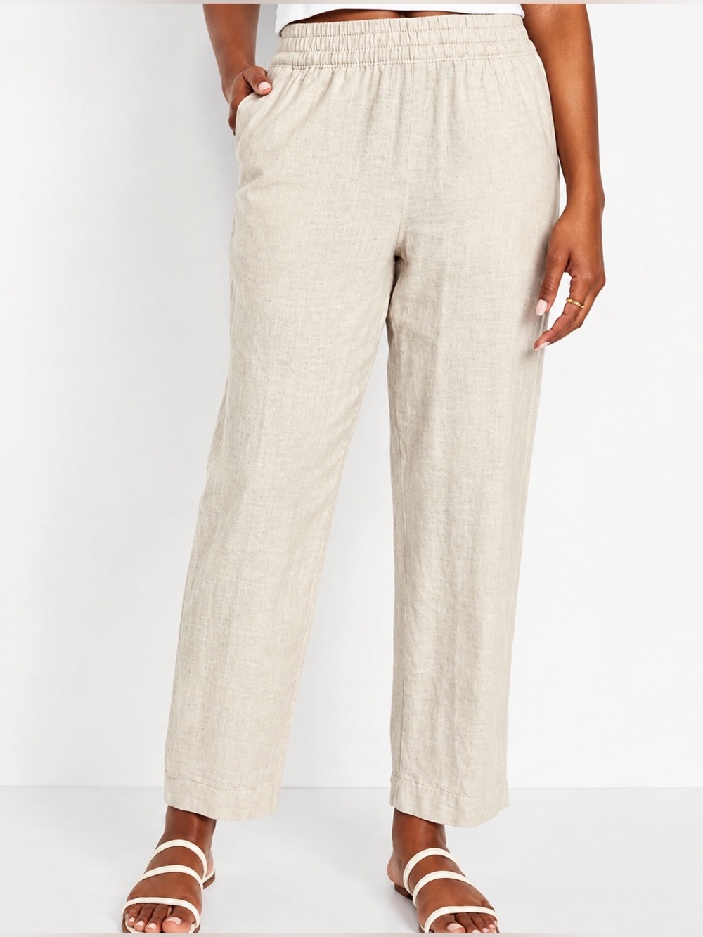 Old Navy High Rise Straight Linen Blend Pants Size M Beige Pull On Beachy Resort